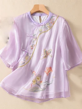 1 шт. Женская летняя удобная рубашка с вышивкой в этническом стиле с короткими рукавами, свободная китайская двухслойная блузка, Топы, подарок для девочки  5