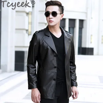 Tcyeek, куртка из натуральной кожи, мужская одежда, осенняя мода, тонкая дубленка, мужские кожаные куртки высокого класса, тренч средней длины.  5