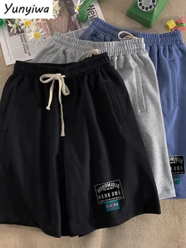 Американские винтажные шорты Мужские, трикотажные Спортивные штаны в Гонконгском стиле, мужские Летние хлопковые повседневные мешковатые полуботинки с нашивками  5