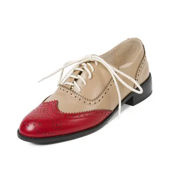 2022 Новые Оксфорды из натуральной кожи, женские весенне-осенние туфли на низком каблуке, Нейтральные женские Черные, красные, синие туфли-лодочки на шнуровке в стиле пэчворк  10