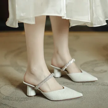 Лето 2023, Женские шлепанцы на высоком каблуке, женские разноцветные сандалии на необычном каблуке, Baotou, Женская уличная обувь на квадратных пуговицах  5