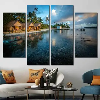 HD Printing Home Deocr Multi Panels Холст Настенное искусство Природа Пляж Коралловый морской курорт Облака Готовы повесить для гостиной  10