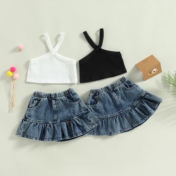Комплекты летней одежды для девочек, модная детская повседневная однотонная майка в рубчик, комплект с эластичной джинсовой юбкой  4
