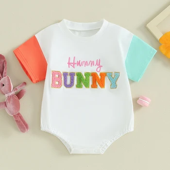 Пасхальный наряд для маленьких мальчиков и девочек, футболка с вышивкой Hunny Bunny, комбинезон с коротким рукавом, боди с круглым вырезом.  5