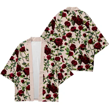 Японское кимоно с цветочным принтом Юката, летняя уличная одежда на Гавайях, мужское пляжное кимоно, кардиган, рубашка, блузка  10