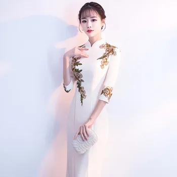 Сплит Сексуальное женское платье Cheongsam цвета шампанского с винтажной цветочной аппликацией на пуговицах, атласное платье Qipao для невесты на свадебную вечеринку, платье оверсайз Vestidos  5