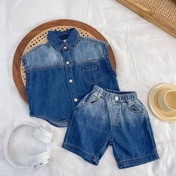Костюм для мальчиков, детская джинсовая рубашка с коротким рукавом + джинсовый короткий комплект из двух предметов, комплект одежды для мальчиков, детская одежда  4