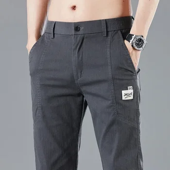 Модный дизайн с эластичным поясом, мужские тонкие повседневные брюки, Корейские модные хлопковые стрейчевые деловые брюки, мужские серо-синие  4