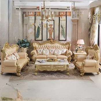 Европейский диван премиум-класса из натуральной кожи 123 Комбинации из массива дерева с резьбой по головке, Воловья Кожа, Золото, мебель для гостиной Full House  10