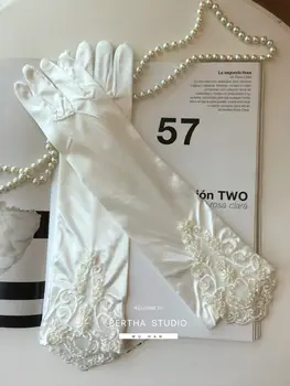 Женские свадебные перчатки полной длины, длинные С аппликацией из бисера для новобрачных, Атласные Кружевные аппликации  5