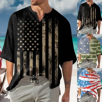 Мужская летняя повседневная футболка с короткими рукавами в День независимости, свободная футболка с V-образным вырезом и принтом.  0