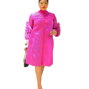 2022 Весна-осень Африканские женщины с длинным рукавом и круглым вырезом из полиэстера, однотонное платье длиной до колен, L-5XL, африканская одежда без пояса  3