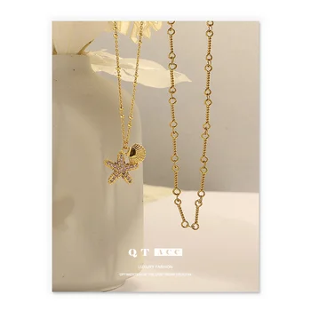 Покрытое латунью 18-каратное натуральное золото ins во французском минималистском стиле летнего морского курорта ожерелье из ракушек морских звезд аксессуар  5