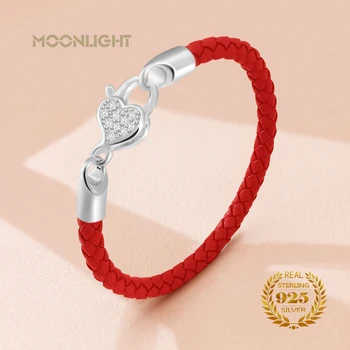 Новый роскошный браслет из стерлингового серебра S925 для женщин с цирконием Love Heart Кожаный браслет Модные женские украшения Рождественские подарки  5