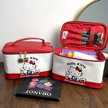 Косметичка Sanrio Hello Kitty, KT, Красная Кожаная Водонепроницаемая сумка для хранения, Kawaii, Переносное украшение для рабочего стола большой емкости  3