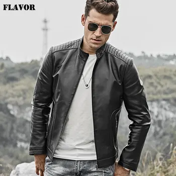 Мужская куртка из натуральной кожи FLAVOR, мужская мотоциклетная куртка из овечьей кожи, пальто из натуральной кожи Наппа, черное со стоячим воротником  2