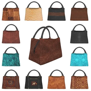 Коричневая кожаная дизайнерская изолированная сумка для ланча для пикника на открытом воздухе с винтажными текстурами и рисунком, герметичный кулер, термос для ланча для женщин  10