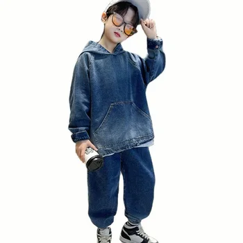 Детская джинсовая одежда Куртка + брюки Одежда для мальчиков Повседневный костюм для мальчика Весна-осень Детская одежда 6 8 10 12 14  4