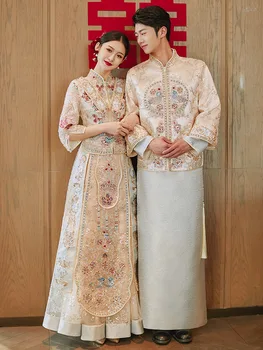 Китайская пара с шампанским, вышитая бисером, свадебный костюм Чонсам, костюм Тан, свадебное платье с кисточками  5