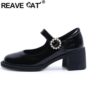 REAVE CAT, женские туфли на высоком каблуке, милые ретро блестящие черные туфли Мэри Джейн с пряжкой, размер для косплея 34-39 F1636  5