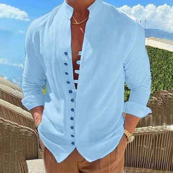 НОВАЯ мужская однотонная льняная рубашка с длинным рукавом, рубашки на пуговицах, тренд 2023, винтажные повседневные хлопковые топы с воротником-стойкой, размер США  10