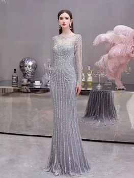 Элегантные вечерние платья с длинным рукавом из Дубая для женщин 2023, роскошное вечернее платье Русалки с круглым вырезом, расшитое хрусталем, для выпускного вечера  3