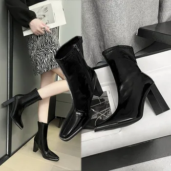 2023 Новые Женские Ботильоны с Металлическим Квадратным Носком; Модная Женская обувь из лакированной Кожи; Botas Mujer; Женская обувь на высоком каблуке; Zapatos  5