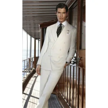 Мужской костюм цвета слоновой кости на заказ, 2 предмета, двубортный блейзер, дизайнерский свадебный ужин для жениха, мужская одежда на заказ (пальто + брюки)  10