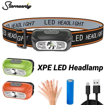 Светодиодная фара XPE, USB Перезаряжаемая индукционная фара, светодиодный налобный фонарь с сильным светом, ночной бег, наружный головной фонарь, фонарик  10