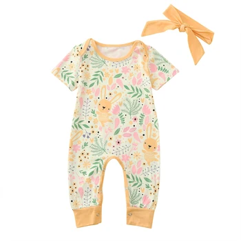 Комплект одежды из 2 предметов для новорожденных девочек, комбинезон с короткими рукавами и рисунком мультяшного кролика с растительным принтом и повязкой на голову  4
