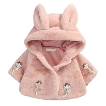 Зимняя верхняя одежда для новорожденных девочек в Корейском стиле, милый утепленный плащ из искусственного меха для малышей, пальто, шаль принцессы, детская куртка с заячьими ушками  4