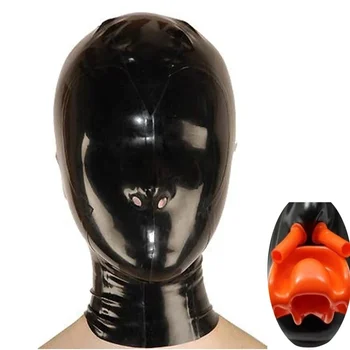 Сексуальный латексный капюшон с красными зубами, кляпом и носовыми трубками, фетиш-маска на молнии сзади, экзотическое белье в полный рост, изготовленное на заказ  5