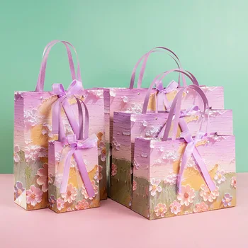 Кремовый стиль, 3D Картина маслом с цветами, Бумажный пакет, Рождество, День Рождения, Свадебные подарки, Пакеты с букетами, сумка-тоут, сумка из магазина одежды  5