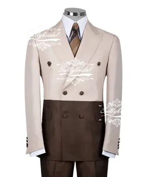 Модный контрастный шов Коричневый Бежевый мужской костюм Пальто Свадебная одежда Блейзер Брюки Одежда для званого ужина 2шт Куртка Брюки  1