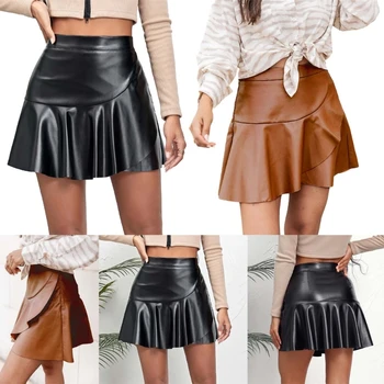 Женская мини-юбка из искусственной кожи, плиссированная юбка с неправильным подолом, повседневные короткие юбки с высокой талией и оборками на боковой молнии  10