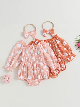 Комбинезон с цветочным принтом для маленькой девочки и рюшами в винтажном стиле бохо - идеальный осенне-зимний наряд для вашей малышки  4