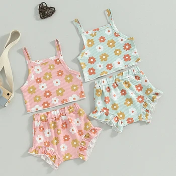 Летняя одежда для новорожденных малышей и маленьких девочек, топы на бретелях с цветочным принтом, шорты с эластичной талией, комплект одежды из 2 предметов  4