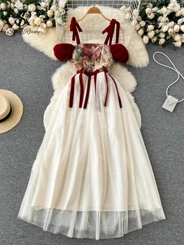 Женское платье-майка с однотонной вышивкой и ретро-принтом, дизайн на шнуровке во французском стиле, 2023 Летнее сетчатое длинное вечернее платье Steetwear.  5