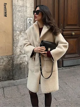 Модное утолщенное однотонное теплое плюшевое пальто, женские однобортные куртки с лацканами и длинным рукавом 2024, женское шикарное уличное Свободное пальто  5