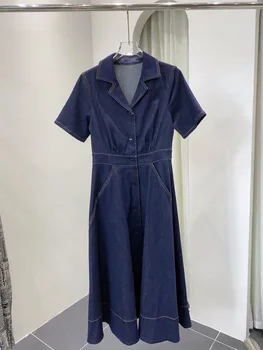 Новый дизайн, женское модное платье из синего денима с коротким рукавом и отложным воротником, приталенное платье, элегантное универсальное платье трапециевидной формы с высокой талией  5