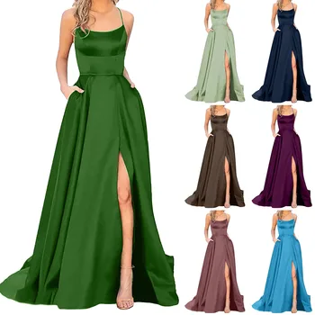 Элегантные платья для женщин Sexy 2023 с бретельками и открытой спиной, длинное атласное платье-спагетти для выпускного вечера, свадебное платье с разрезом для вечеринки  5