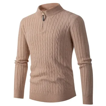 Осень-зима, мужской свитер на молнии, однотонные свитшоты с высоким воротом, пуловер, мужская трикотажная нижняя рубашка, топы оверсайз  5
