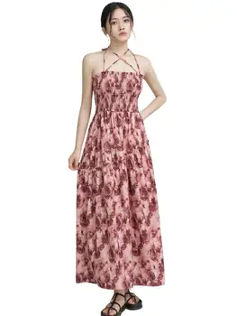 Летнее Элегантное роскошное вечернее Макси-длинное платье для женщин трапециевидной формы с розовым принтом, длинное платье на бретельках, Праздничные пляжные платья Vesidos  2