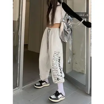 Уличная одежда в стиле хип-хоп, женские тренировочные брюки для танцев, Корейский Весенне-летний принт, эластичный пояс на завязках, свободные Спортивные брюки с широкими штанинами  1