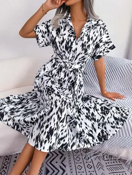 Летнее длинное платье-рубашка 2023, женские вечерние платья с леопардовым принтом, женское свободное платье на пуговицах с коротким рукавом для женщин  1