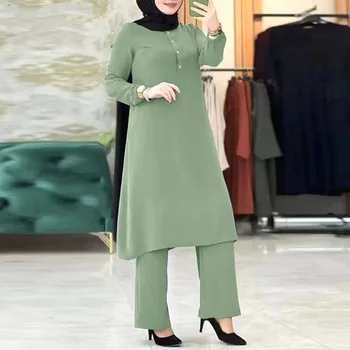 Модные Мусульманские комплекты 2023 года, Турция, Блузка с длинным рукавом, комплект брюк, 2 шт., Однотонные Элегантные повседневные комплекты, Рамадан, Абая, Хиджаб  5