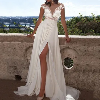 Женское платье-туника с открытой спиной и вышивкой, свадебное платье с высокой талией, элегантное коктейльное платье с V-образным вырезом и оборками на подоле.  5