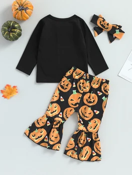 Комплект костюмов для девочек на Хэллоуин, футболка с круглым вырезом и буквенным принтом, джинсовые брюки-клеш.  5