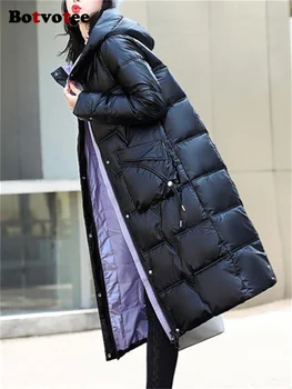 Botvotee, Черные Парки для Женщин, Осень-Зима 2023, Новая Корейская Мода, Утепленная Теплая Куртка С Длинным Рукавом, Элегантные Повседневные Длинные Пальто  4