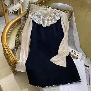 Осенью 2022 года Новое французское романтическое женское платье с кружевной строчкой и рюшами, расклешенный рукав с бриллиантами, матросский воротник  5